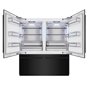 ZLINE 72 in. 39.6 cu. ft. French Door Built-In Bottom Freezer Refrigerator with Water Dispensers and Ice Makers in Black Stainless Steel (RBIT-BS-72) front, open.