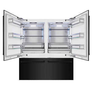 ZLINE 72 in. 39.6 cu. ft. French Door Built-In Bottom Freezer Refrigerator with Water Dispensers and Ice Makers in Black Stainless Steel (RBIT-BS-72) front, open.