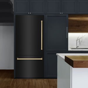 ZLINE Autograph Edition 36 in. 19.8 cu. ft. Built-In Bottom Freezer Refrigerator with Water Dispenser and Ice Maker in Black Stainless Steel and Polished Gold Accents (RBITZ-BS-36-G) in a luxury kitchen.