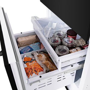 ZLINE 30 in. 16.1 cu. ft. Built-In Bottom Freezer Refrigerator with Water Dispenser and Ice Maker in Black Stainless Steel (RBIV-BS-30) food in bottom freezer.