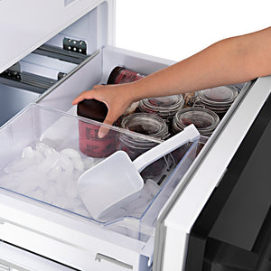 ZLINE 30 in. 16.1 cu. ft. Built-In Bottom Freezer Refrigerator with Water Dispenser and Ice Maker in Black Stainless Steel (RBIV-BS-30) accessing food in bottom freezer.