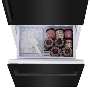 ZLINE 30 in. 16.1 cu. ft. Built-In Bottom Freezer Refrigerator with Water Dispenser and Ice Maker in Black Stainless Steel (RBIV-BS-30) open freezer drawer with ice and jars of food on a white background