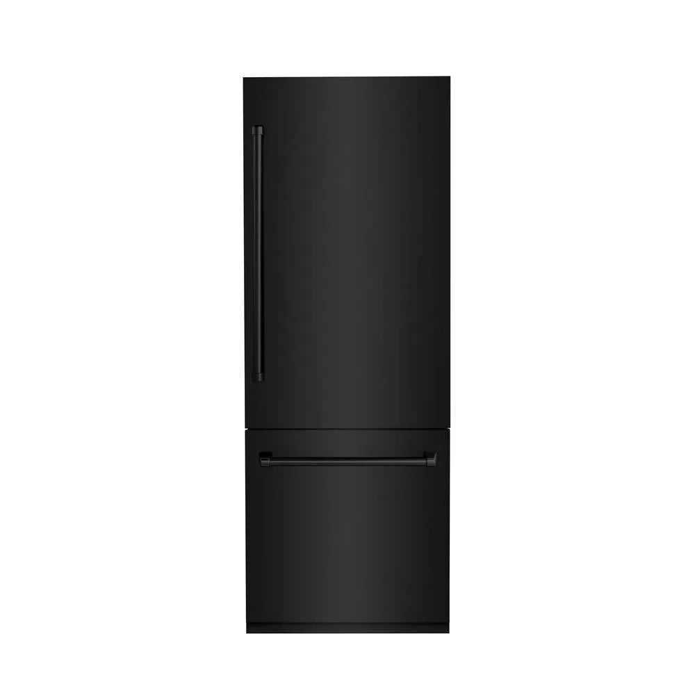 ZLINE 30 in. 16.1 cu. ft. Built-In 2-Door Bottom Freezer Refrigerator with Internal Water and Ice Dispenser in Black Stainless Steel (RBIV-BS-30) front, closed.