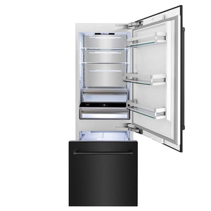 ZLINE 30 in. 16.1 cu. ft. Built-In Bottom Freezer Refrigerator with Water Dispenser and Ice Maker in Black Stainless Steel (RBIV-BS-30) front, open.