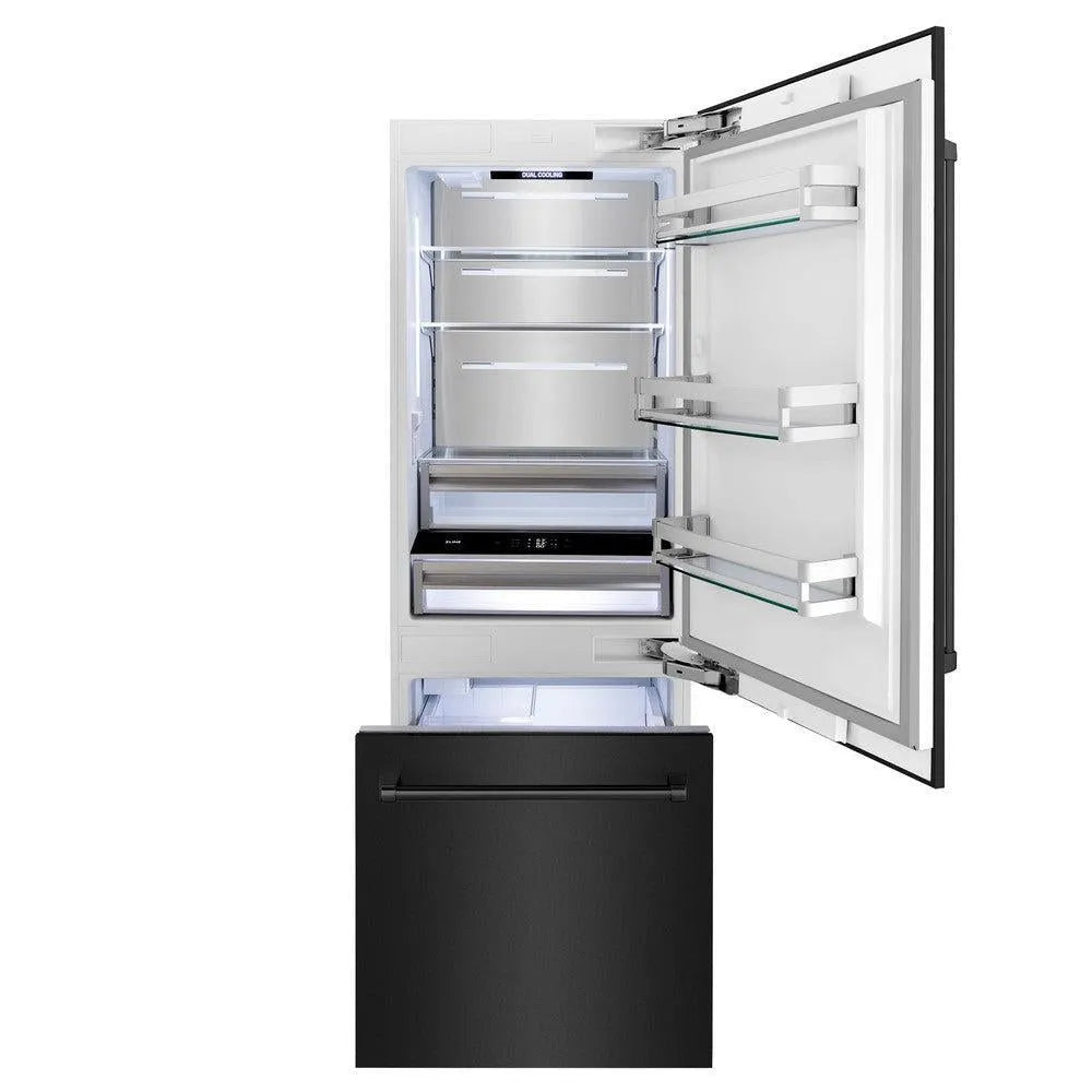 ZLINE 30 in. 16.1 cu. ft. Built-In Bottom Freezer Refrigerator with Water Dispenser and Ice Maker in Black Stainless Steel (RBIV-BS-30) front, open.