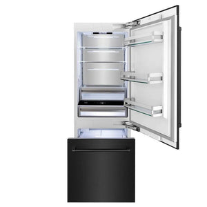 ZLINE 30 in. 16.1 cu. ft. Built-In Bottom Freezer Refrigerator with Water Dispenser and Ice Maker in Black Stainless Steel (RBIV-BS-30) front, open.