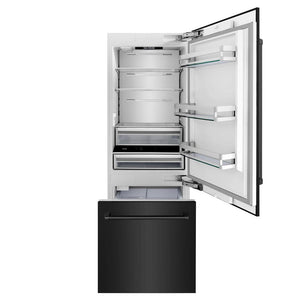 ZLINE 30 in. 16.1 cu. ft. Built-In Bottom Freezer Refrigerator with Water Dispenser and Ice Maker in Black Stainless Steel (RBIV-BS-30) front, open.