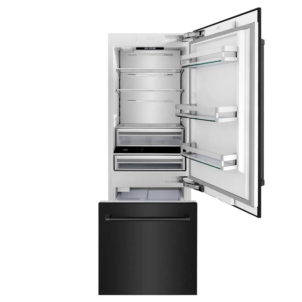 ZLINE 30 in. 16.1 cu. ft. Built-In Bottom Freezer Refrigerator with Water Dispenser and Ice Maker in Black Stainless Steel (RBIV-BS-30) front, open.