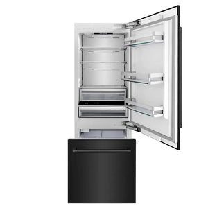 ZLINE 30 in. 16.1 cu. ft. Built-In Bottom Freezer Refrigerator with Water Dispenser and Ice Maker in Black Stainless Steel (RBIV-BS-30) front, open.