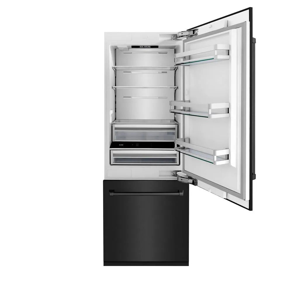 ZLINE 30 in. 16.1 cu. ft. Built-In Bottom Freezer Refrigerator with Water Dispenser and Ice Maker in Black Stainless Steel (RBIV-BS-30) front, open.