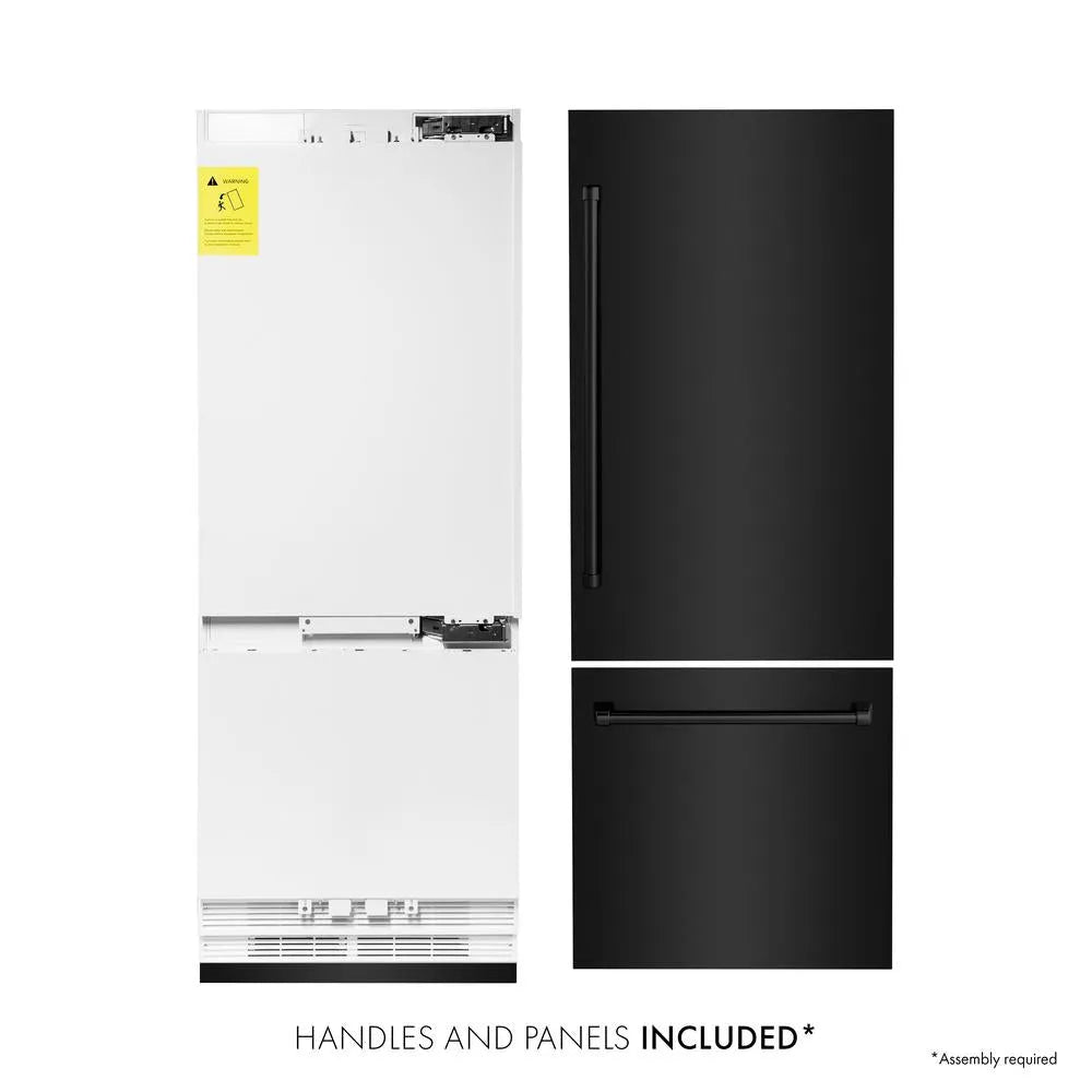 ZLINE 30 in. 16.1 cu. ft. Built-In Bottom Freezer Refrigerator with Water Dispenser and Ice Maker in Black Stainless Steel (RBIV-BS-30) front. Next to panels and handles.