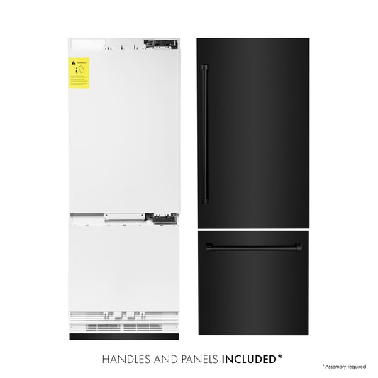 ZLINE 30 in. 16.1 cu. ft. Built-In 2-Door Bottom Freezer Refrigerator with Internal Water and Ice Dispenser in Black Stainless Steel (RBIV-BS-30) refrigeration unit next to handles and panels. Text: Handles and panels included.