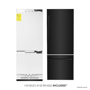 ZLINE 30 in. 16.1 cu. ft. Built-in 2-Door Bottom Freezer Refrigerator with Internal Water and Ice Dispenser in Black Stainless Steel (RBIV-BS-30) front, refrigeration unit next to panels and handles. Text: Handles and Panels Included.