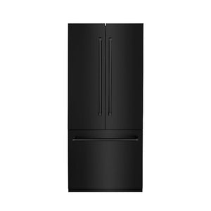 ZLINE 36 in. 19.6 cu. ft. Built-In 3-Door French Door Refrigerator with Internal Water and Ice Dispenser in Black Stainless Steel (RBIV-BS-36) front, closed.