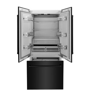 ZLINE 36 in. 19.6 cu. ft. French Door Built-In Bottom Freezer Refrigerator with Water Dispenser and Ice Maker in Black Stainless Steel (RBIV-BS-36) front, open.