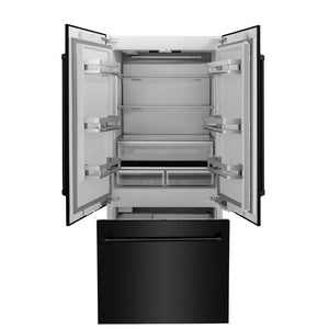 ZLINE 36 in. 19.6 cu. ft. French Door Built-In Bottom Freezer Refrigerator with Water Dispenser and Ice Maker in Black Stainless Steel (RBIV-BS-36) front, open.