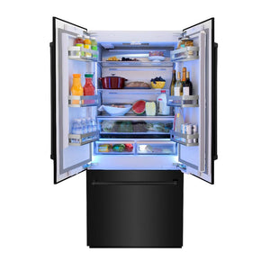 ZLINE 36 in. 19.6 cu. ft. Built-In 3-Door French Door Freezer Refrigerator with Internal Water and Ice Dispenser in Black Stainless Steel (RBIV-BS-36) front, open, with food inside refrigeration compartment.