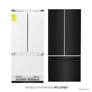 ZLINE 36 in. 19.6 cu. ft. Built-In 3-Door French Door Refrigerator with Internal Water and Ice Dispenser in Black Stainless Steel (RBIV-BS-36) front, refrigeration unit next to panels and handles. Text: Handles and Panels Included.