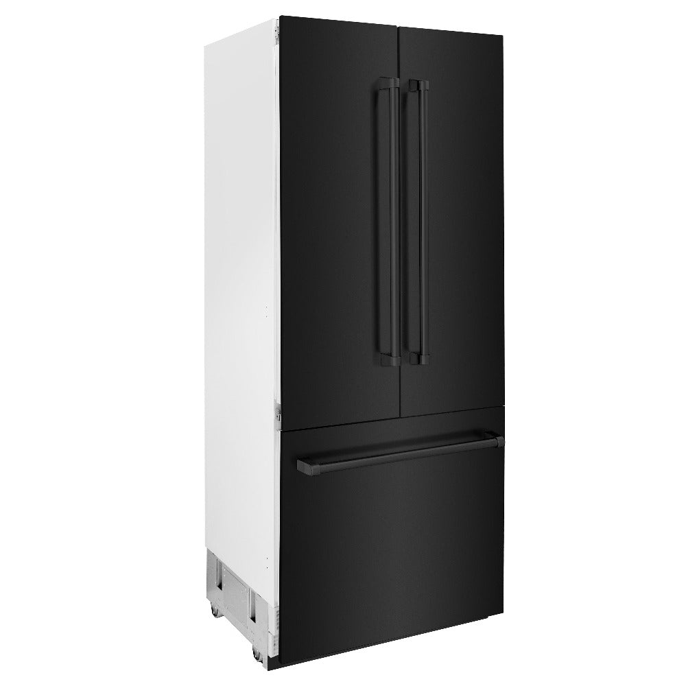 ZLINE 36 in. 19.6 cu. ft. Built-In 3-Door French Door Refrigerator with Internal Water and Ice Dispenser in Black Stainless Steel (RBIV-BS-36) side, closed.