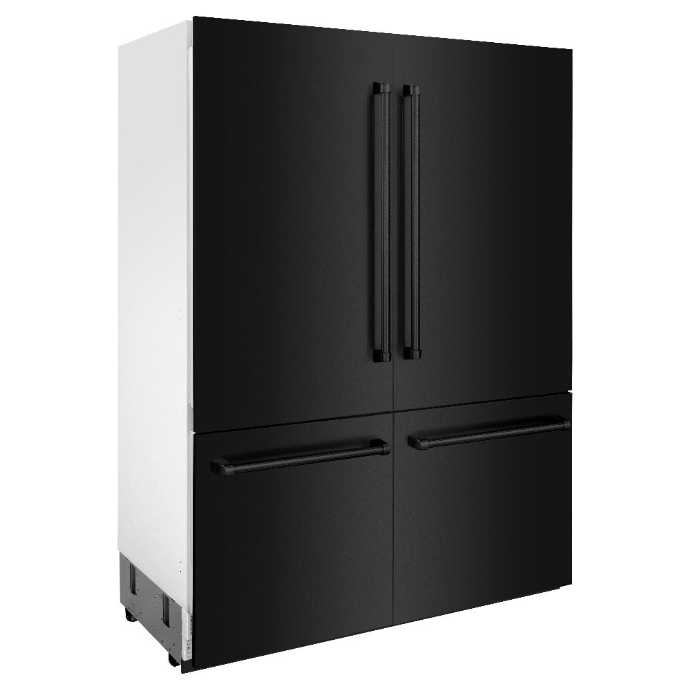 ZLINE 60 in. 32.2 cu. ft. Built-In 4-Door French Door Refrigerator with Internal Water and Ice Dispenser in Black Stainless Steel (RBIV-BS-60) side, closed.