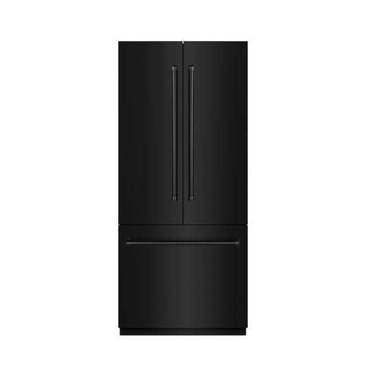 ZLINE 36 in. 19.6 cu. ft. French Door Built-In Bottom Freezer Refrigerator with Water Dispenser and Ice Maker in Black Stainless Steel with Stainless Steel Interior (SRBIV-BS-36) front, closed.