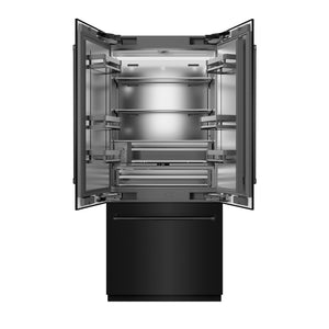 ZLINE 36 in. 19.6 cu. ft. French Door Built-In Bottom Freezer Refrigerator with Water Dispenser and Ice Maker in Black Stainless Steel with Stainless Steel Interior (SRBIV-BS-36) front, refrigeration compartment open.