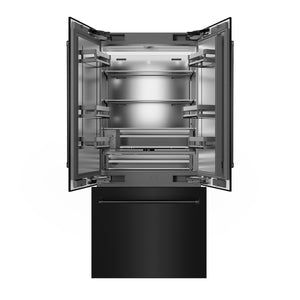 ZLINE 36 in. 19.6 cu. ft. French Door Built-In Bottom Freezer Refrigerator with Water Dispenser and Ice Maker in Black Stainless Steel with Stainless Steel Interior (SRBIV-BS-36) front, refrigeration compartment and bottom freezer open.