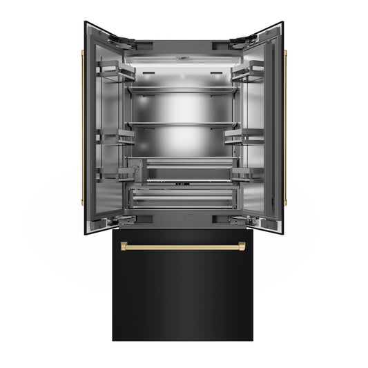 ZLINE Autograph Edition 36 in. 19.6 cu. ft. French Door Built-In Bottom Freezer Refrigerator with Water Dispenser and Ice Maker in Black Stainless Steel with Stainless Steel Interior and Champagne Bronze Accents (SRBIVZ-BS-36-CB) front, refrigeration compartment and bottom freezer open.