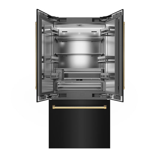 ZLINE Autograph Edition 36 in. 19.6 cu. ft. French Door Built-In Bottom Freezer Refrigerator with Water Dispenser and Ice Maker in Black Stainless Steel with Stainless Steel Interior and Polished Gold Accents (SRBIVZ-BS-36-G) front, refrigeration compartment and bottom freezer open.