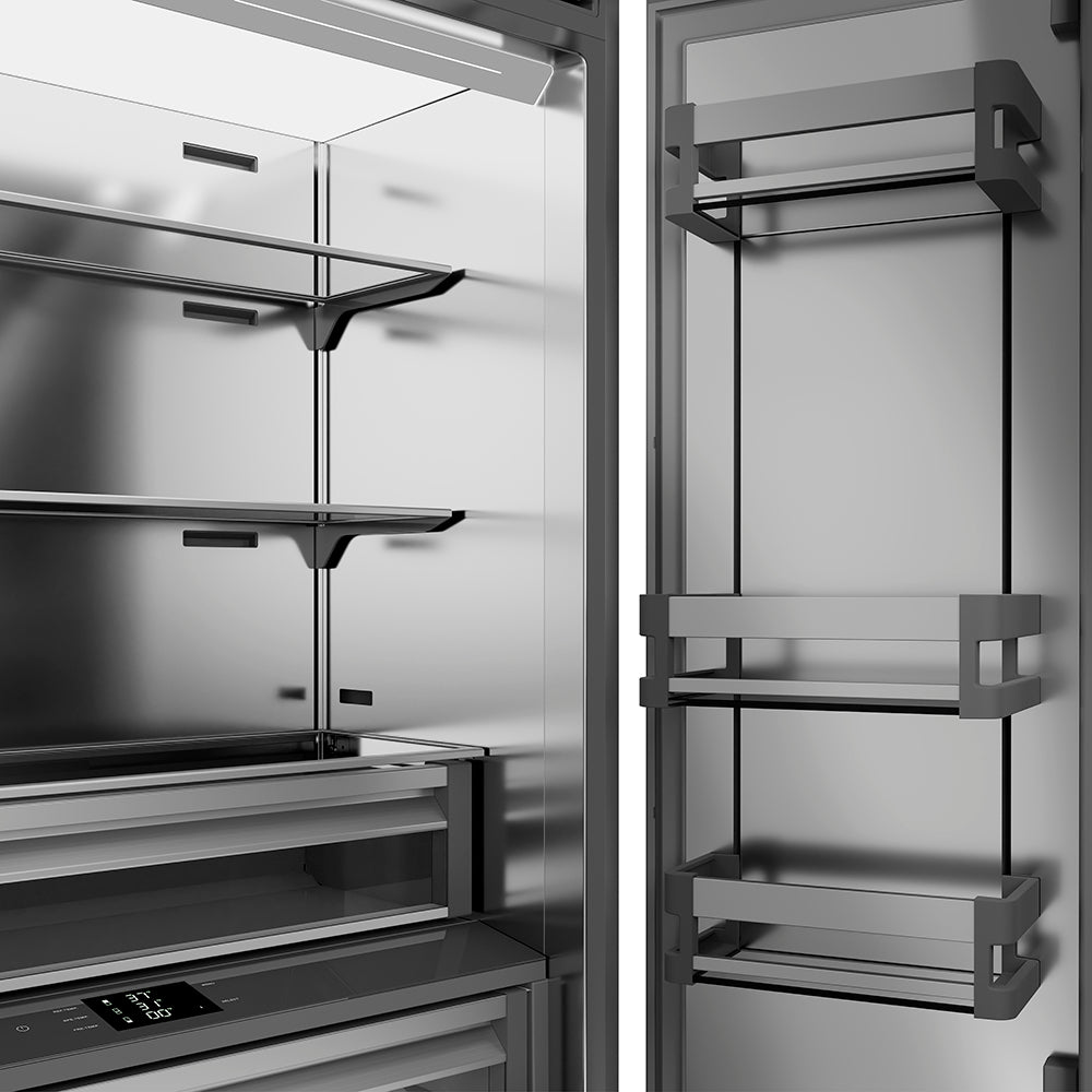 ZLINE Autograph Edition 36 in. 19.6 cu. ft. French Door Built-In Bottom Freezer Refrigerator with Water Dispenser and Ice Maker in Black Stainless Steel with Stainless Steel Interior and Champagne Bronze Helix Handles (SRBIVZ-BS36KCB) interior door storage featuring multiple shelves and bins.