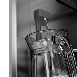 ZLINE Autograph Edition 36 in. 19.6 cu. ft. French Door Built-In Bottom Freezer Refrigerator with Water Dispenser and Ice Maker in Black Stainless Steel with Stainless Steel Interior and Champagne Bronze Helix Handles (SRBIVZ-BS36KCB) internal water dispenser.