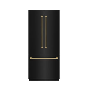 ZLINE Autograph Edition 36 in. 19.6 cu. ft. French Door Built-In Bottom Freezer Refrigerator with Water Dispenser and Ice Maker in Black Stainless Steel with Stainless Steel Interior and Champagne Bronze Helix Handles (SRBIVZ-BS36KCB) front, closed.