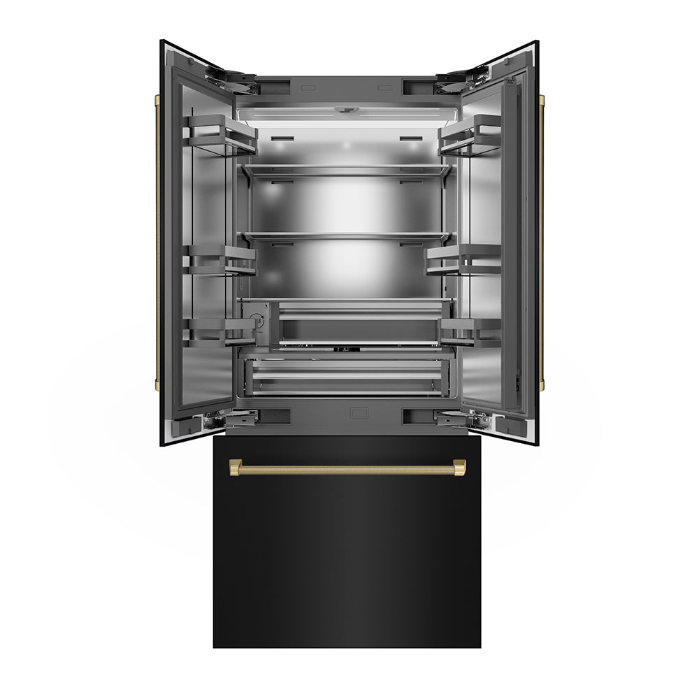 ZLINE Autograph Edition 36 in. 19.6 cu. ft. French Door Built-In Bottom Freezer Refrigerator with Water Dispenser and Ice Maker in Black Stainless Steel with Stainless Steel Interior and Champagne Bronze Helix Handles (SRBIVZ-BS36KCB) front, refrigeration compartment and bottom freezer drawer open.