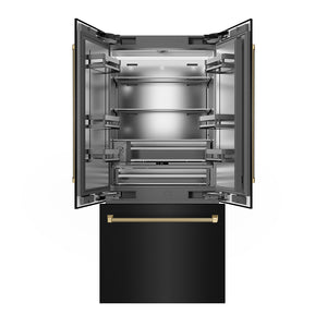 ZLINE Autograph Edition 36 in. 19.6 cu. ft. French Door Built-In Bottom Freezer Refrigerator with Water Dispenser and Ice Maker in Black Stainless Steel with Stainless Steel Interior and Champagne Bronze Helix Handles (SRBIVZ-BS36KCB) front, refrigeration compartment and bottom freezer drawer open.