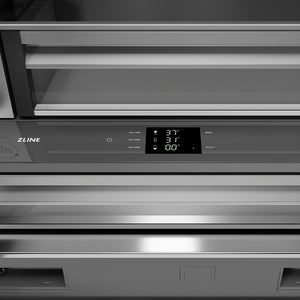 ZLINE Autograph Edition 36 in. 19.6 cu. ft. French Door Built-In Bottom Freezer Refrigerator with Water Dispenser and Ice Maker in Black Stainless Steel with Stainless Steel Interior and Polished Gold Helix Handles (SRBIVZ-BS36KG) digital display and touchpanel.