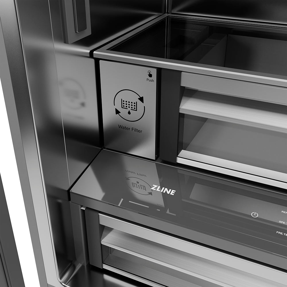 ZLINE Autograph Edition 36 in. 19.6 cu. ft. French Door Built-In Bottom Freezer Refrigerator with Water Dispenser and Ice Maker in Black Stainless Steel with Stainless Steel Interior and Polished Gold Helix Handles (SRBIVZ-BS36KG) water filter.