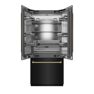 ZLINE Autograph Edition 36 in. 19.6 cu. ft. French Door Built-In Bottom Freezer Refrigerator with Water Dispenser and Ice Maker in Black Stainless Steel with Stainless Steel Interior and Polished Gold Helix Handles (SRBIVZ-BS36KG)