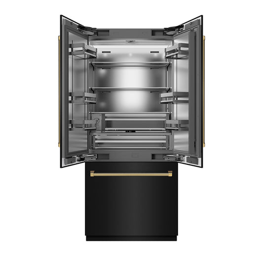 ZLINE Autograph Edition 36 in. 19.6 cu. ft. French Door Built-In Bottom Freezer Refrigerator with Water Dispenser and Ice Maker in Black Stainless Steel with Stainless Steel Interior and Polished Gold Helix Handles (SRBIVZ-BS36KG)