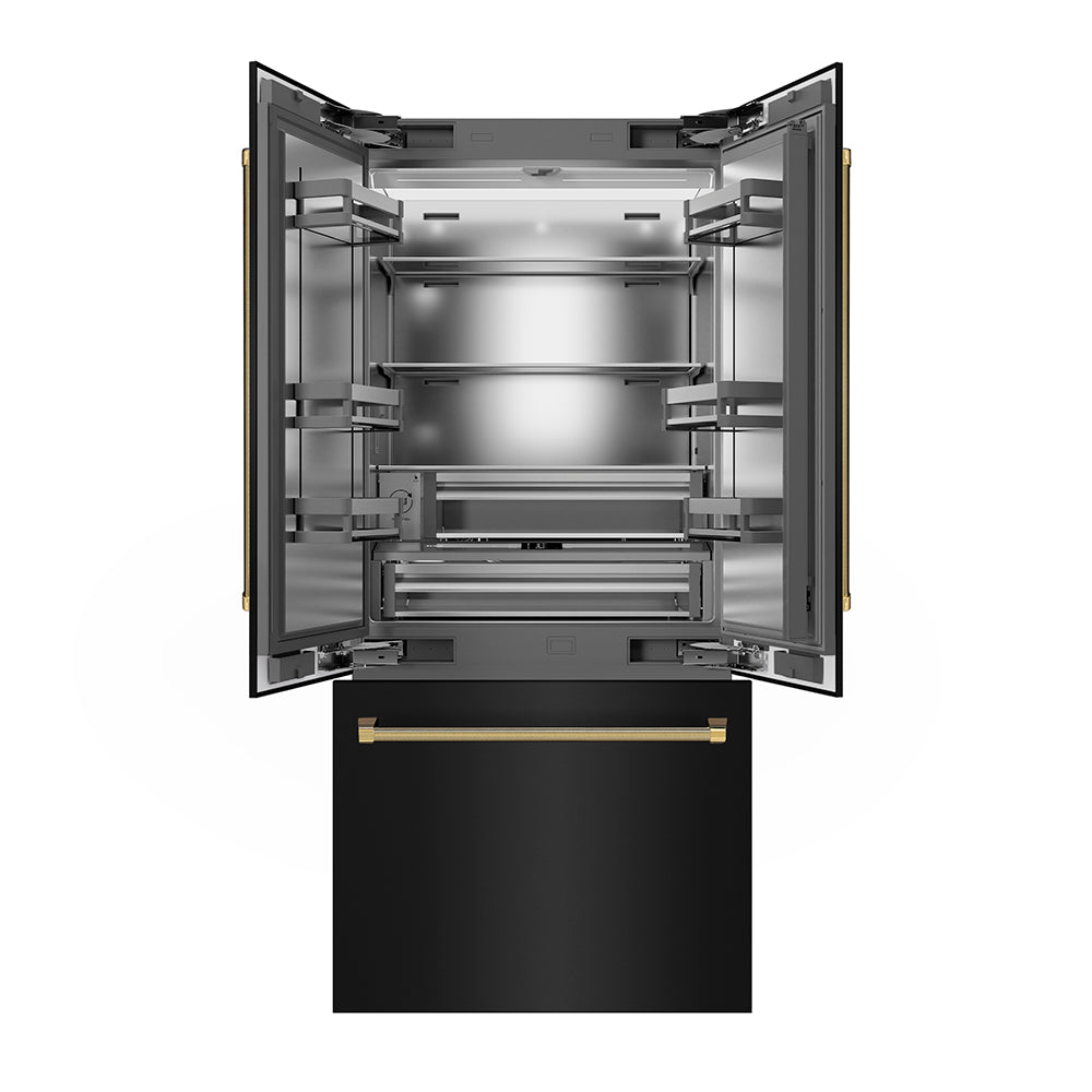 ZLINE Autograph Edition 36 in. 19.6 cu. ft. French Door Built-In Bottom Freezer Refrigerator with Water Dispenser and Ice Maker in Black Stainless Steel with Stainless Steel Interior and Polished Gold Helix Handles (SRBIVZ-BS36KG) front, refrigeration compartment and bottom freezer drawer open.