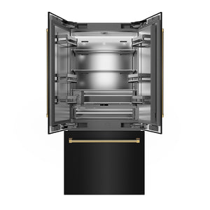 ZLINE Autograph Edition 36 in. 19.6 cu. ft. French Door Built-In Bottom Freezer Refrigerator with Water Dispenser and Ice Maker in Black Stainless Steel with Stainless Steel Interior and Polished Gold Helix Handles (SRBIVZ-BS36KG) front, refrigeration compartment and bottom freezer drawer open.