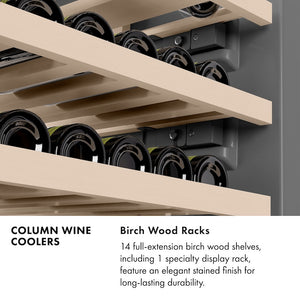 Column Wine Coolers Infographic. Birch Wood Racks. Text: 14 full-extension wood shelves, including 1 specialty display rack, feature an elegant stained finish for long lasting durability.