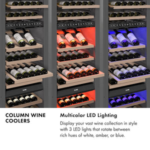 Column Wine Coolers Infographic. Multicolor LED lighting. Text: Display your vast wine collection in style with 3 LED lights that rotate between rich hues of white, amber, or blue.
