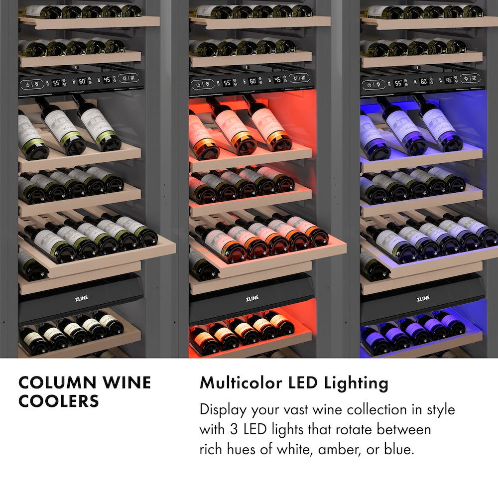 Column Wine Coolers Infographic. Multicolor LED lighting. Text: Display your vast wine collection in style with 3 LED lights that rotate between rich hues of white, amber, or blue.