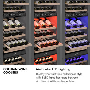 Column Wine Coolers Infographic. Multicolor LED lighting. Text: Display your vast wine collection in style with 3 LED lights that rotate between rich hues of white, amber, or blue.