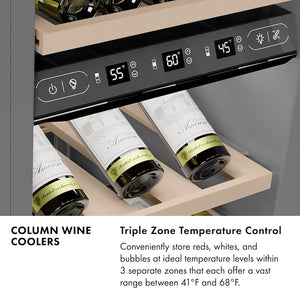Column Wine Coolers Infographic. Triple Zone Temperature Control. Text: Conveniently store reds, white, and bubbles at ideal temperature levels within 3 separate zones that each offer a vast range between 41 degrees Fahrenheit and 68 degrees Fahrenheit.