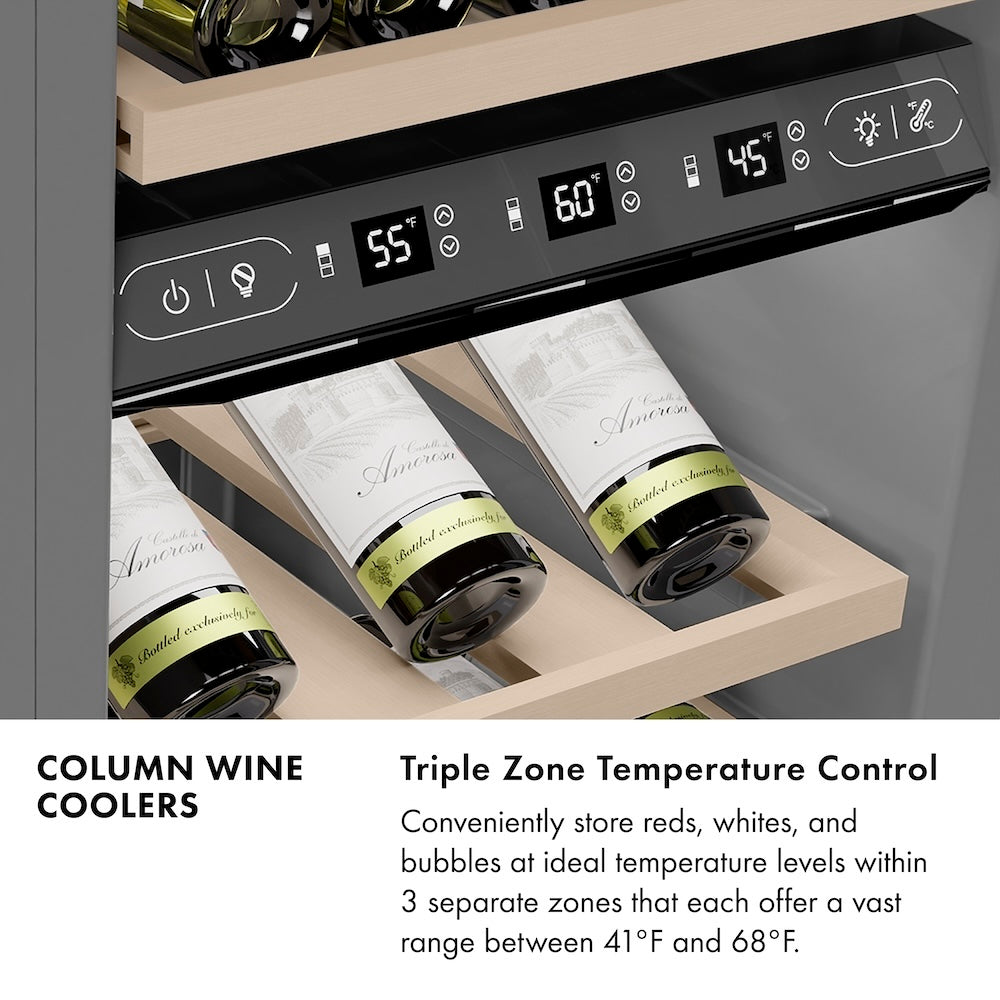 Column Wine Coolers Infographic. Triple Zone Temperature Control. Text: Conveniently store reds, white, and bubbles at ideal temperature levels within 3 separate zones that each offer a vast range between 41 degrees Fahrenheit and 68 degrees Fahrenheit.
