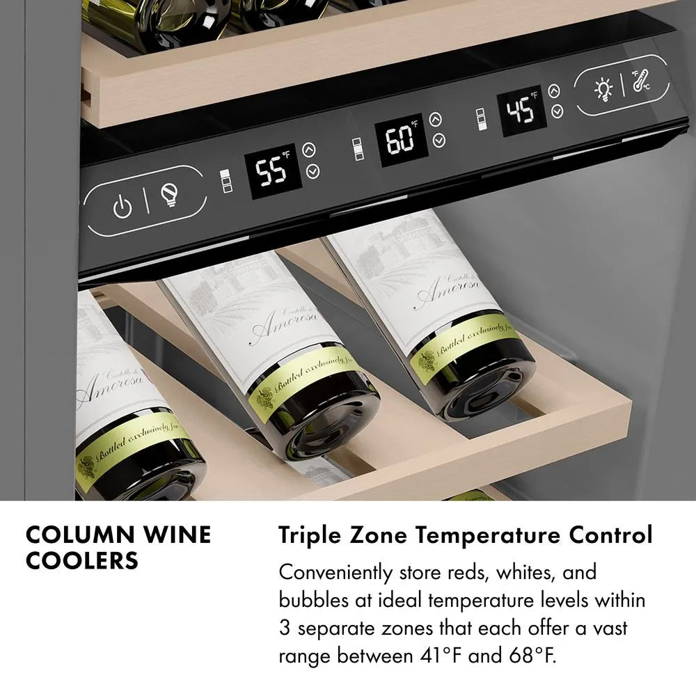 Column Wine Coolers Infographic. Triple Zone Temperature Control. Text: Conveniently store reds, white, and bubbles at ideal temperature levels within 3 separate zones that each offer a vast range between 41 degrees Fahrenheit and 68 degrees Fahrenheit.
