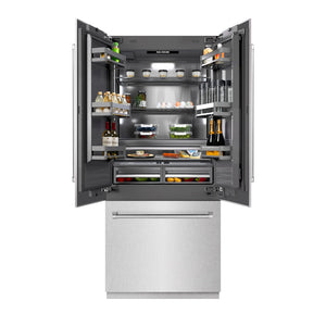 ZLINE 36 in. 19.6 cu. ft. French Door Built-In Bottom Freezer Refrigerator with Water Dispenser and Ice Maker in Satin Stainless Steel with Graphite Gray Interior (GRBIV-SN-36) front, open.