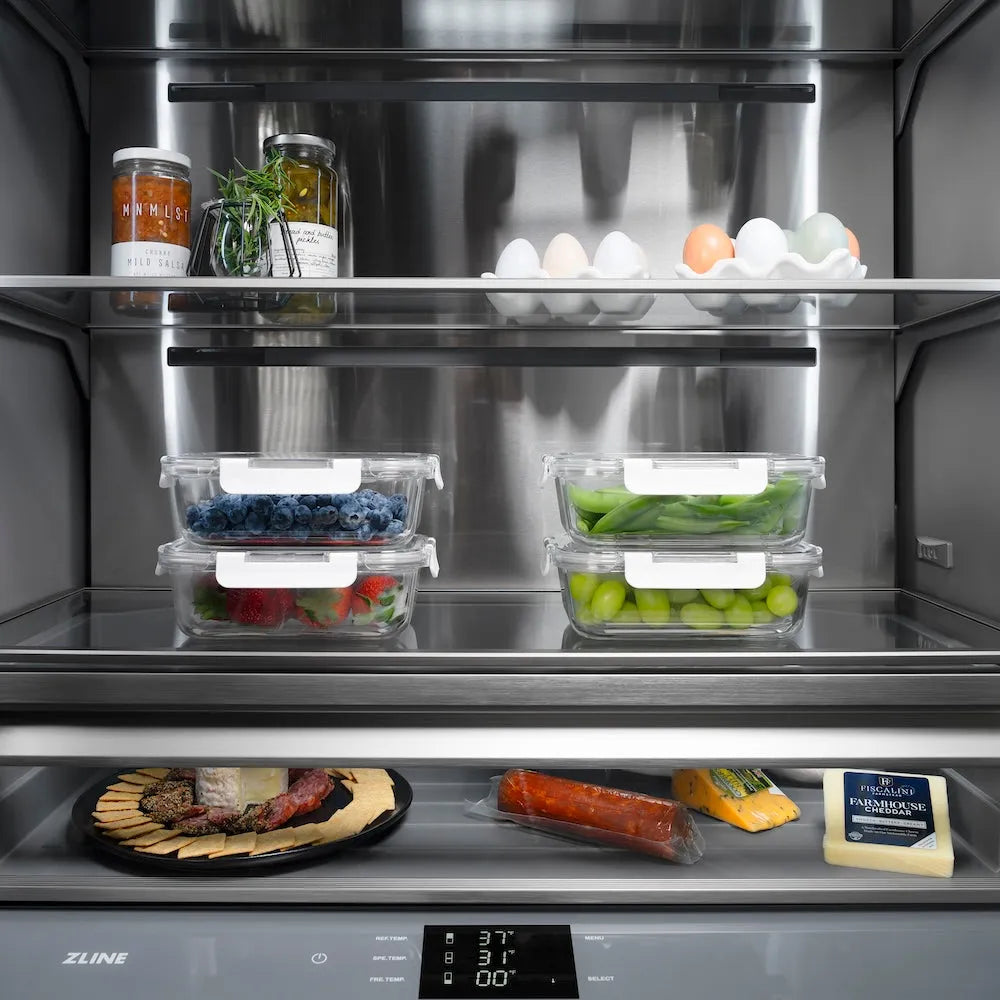 ZLINE 60 in. 32.2 cu. ft. French Door Built-In Bottom Freezer Refrigerator with Water Dispensers and Ice Makers in Satin Stainless Steel with Graphite Gray Interior (GRBIV-SN-60) refrigeration compartment interior with food on shelves.