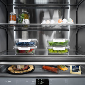 ZLINE Autograph Edition 36 in. 19.6 cu. ft. French Door Built-In Bottom Freezer Refrigerator with Water Dispenser and Ice Maker in Satin Stainless Steel with Graphite Gray Interior and Champagne Bronze Accents (GRBIVZ-SN-36-CB) refrigeration compartment interior with food on shelves.